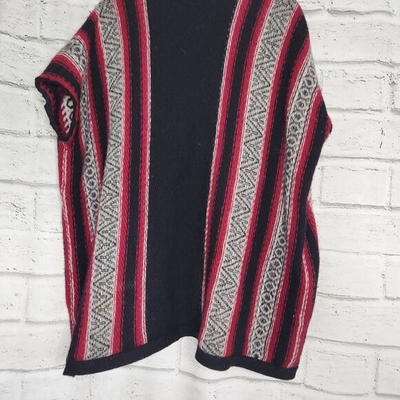 J Jill Women Fair Isle Black Red Open Front Shawl Cardigan M L Poncho Wool - Picture 6 of 13